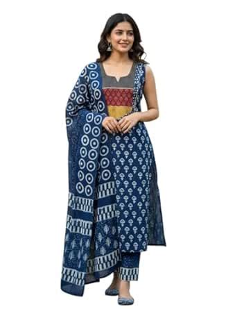 Buy Deepti hand Block bagh print INDIGO pure Cotton Yolk neck 3 piece ...