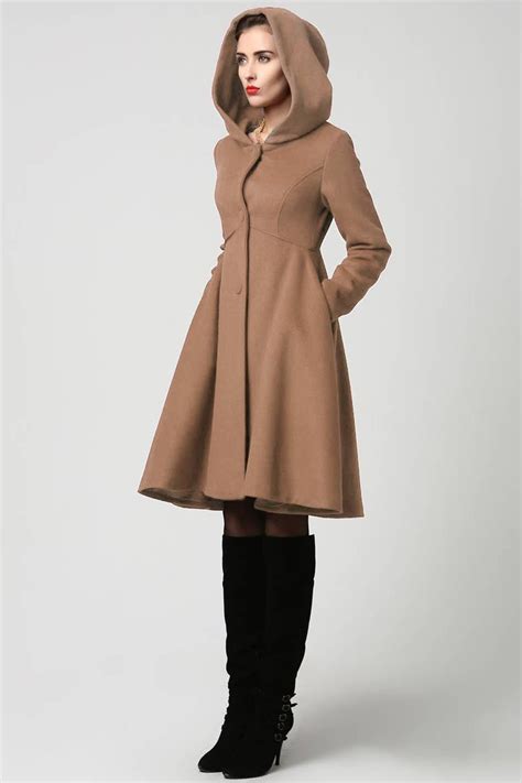 Women's Autumn Winter Wool Coat With Hood, Hooded Wool Coat, Vintage ...