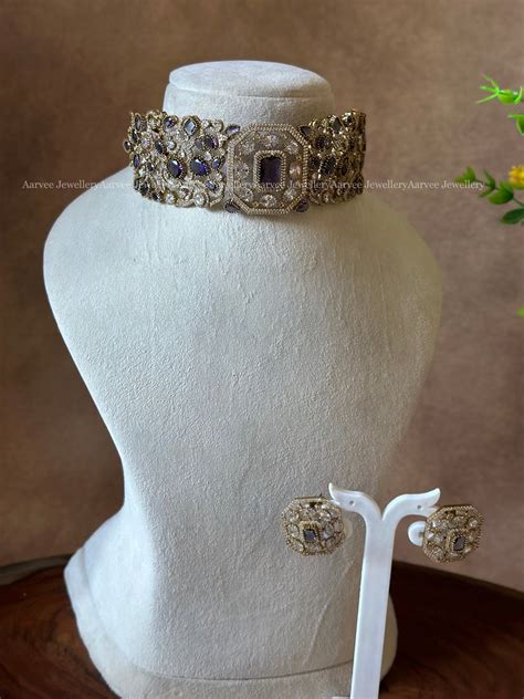 VICTORIAN HIGHNECK CHOKER SET WITH PURPLE STONES – AARVEE JEWELLERY