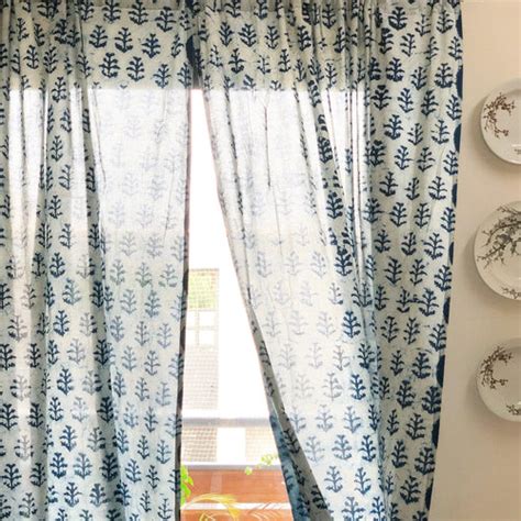 Indigo Twig Hand Block Print Floral Cotton Curtain for Doors & Windows ...