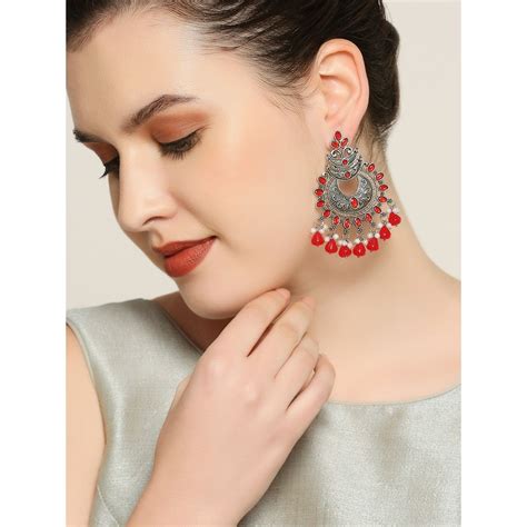 Buy OOMPH Jewellery Oxidised Silver Red Stones With Pearls Ethnic Chand ...