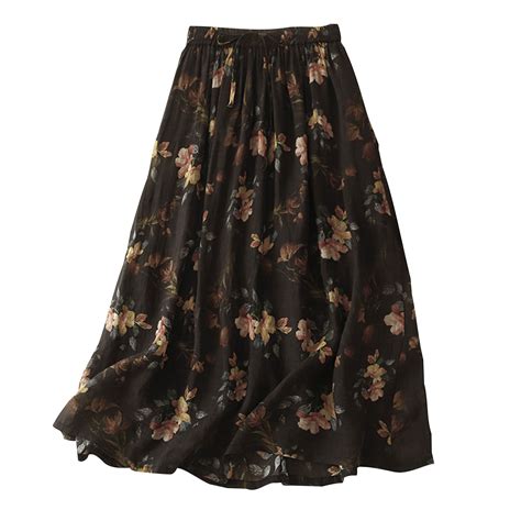 Pntutb Womens Black Skirts Vintage Floral Mid-Length A-Line Skirt Girls ...