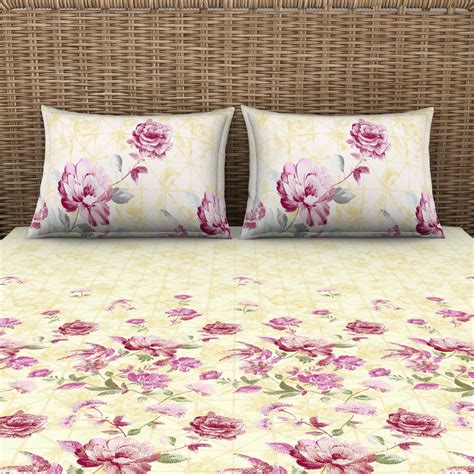 Buy SPACES Bonica Beige Printed Cotton Queen Fitted Bedsheet Set ...