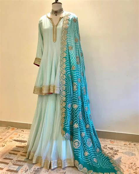 MINT BLUE SHORT KURTA & SHARARA WITH OMBRE GOTA & MARODI WORK DUPATTA ...