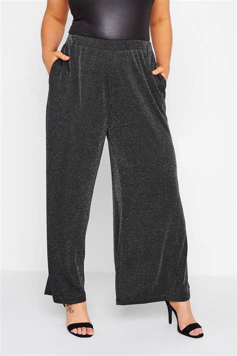 Plus Size Black Glitter Wide Leg Trousers | Yours Clothing