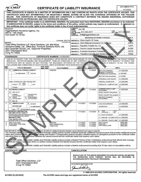Certificate of Insurance (COI) - Total Office Solutions
