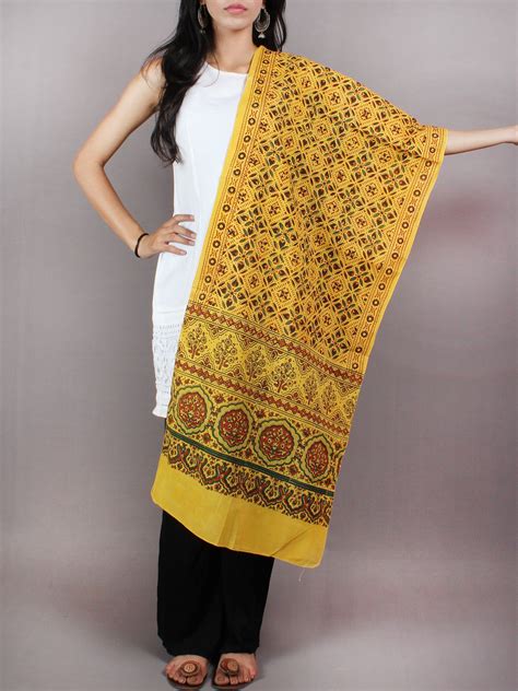 Yellow Green Red Mughal Nakashi Ajrakh Hand Block Printed Cotton Stole ...