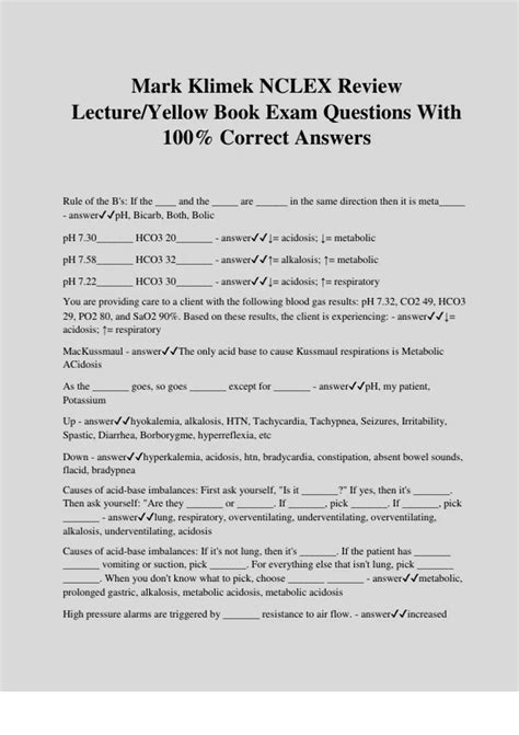 Mark Klimek NCLEX Review Lecture/Yellow Book Exam Questions With 100% ...