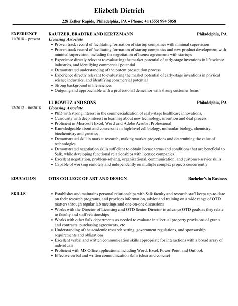 Licensing Associate Resume Samples | Velvet Jobs