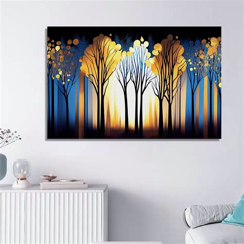 Blue and Golden Forest Canvas Painting for Home Decor - Modern Art Can ...