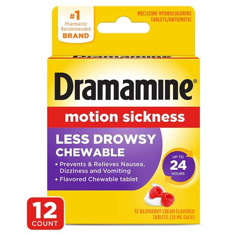 Dramamine Chewable Less Drowsy, Motion Sickness Relief, Raspberry Cream Flavor, 12 Count ...