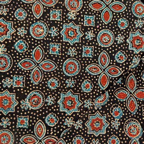 Pure Cotton Ajrak Black With Flower And Star Tile Motif Hand Block Pri ...