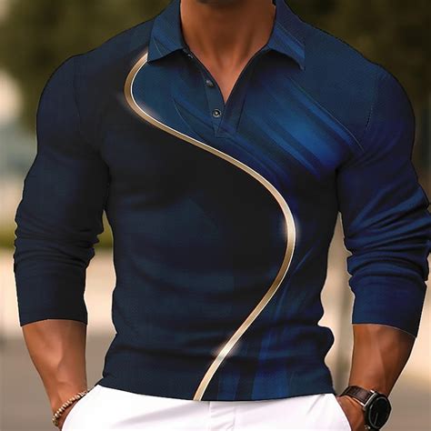 Men's Geometric Polo Shirts Golf Shirt Long Sleeve Polo Shirts Collared ...