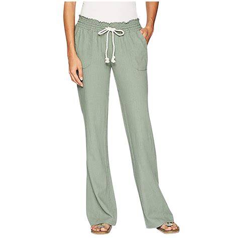 BLTIBY Womens Flowy Pants Cotton Linen Summer Wide Leg Elastic Waist ...
