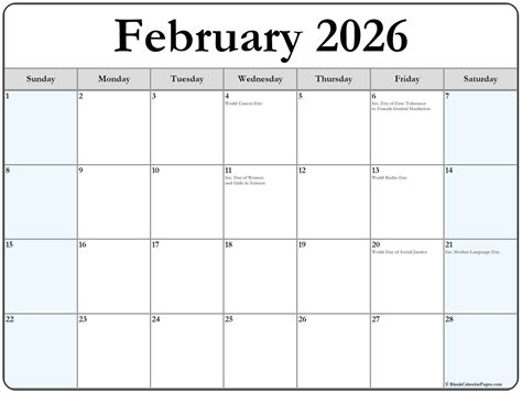 February 2026 with holidays calendar
