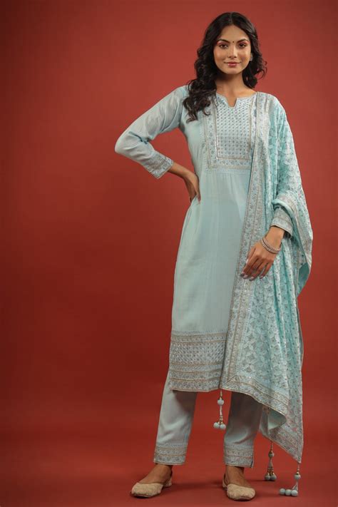 Ice Blue Zari and Resham Embroidered Chanderi Suit Set – Rang Roop Online