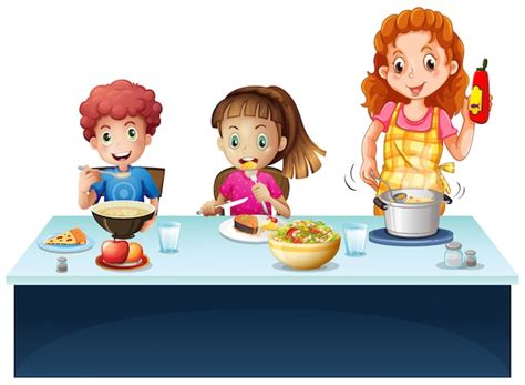 Mother and kids having meal at dining table | Free Vector