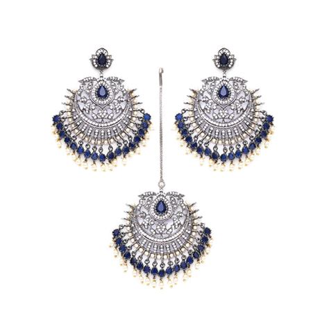 Diamond & Blue Stone Earrings with Matching Maang Tikka – Ritu Singh ...