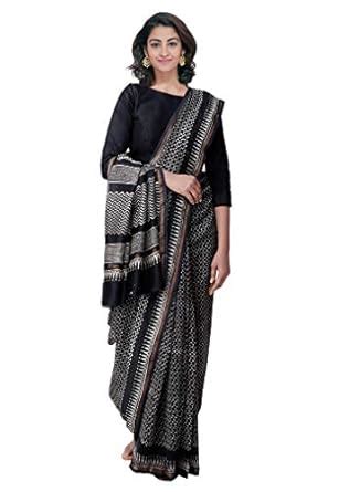 Buy UNNATI SILKS Women Black Chanderi Cotton Silk Saree with Blouse ...