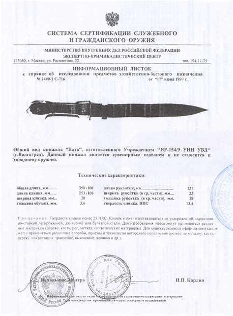 Сертификаты на ножи и оружие Пашихинъ (Холодное оружие России)