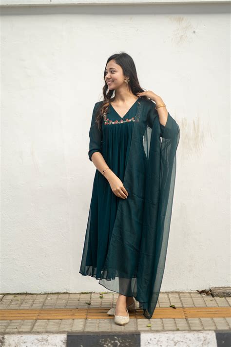 Green blooming georgette Aline kurti with handworked yoke and gathers ...