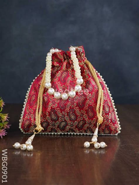Raw Silk Potli Bag with Pearl Handle and Drawstring - WBG0901 – Wedtree