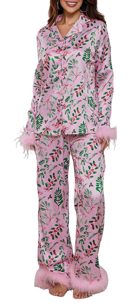 KMBANGI Women Feather Trim Pajama Set Long Sleeve Button Up Top Pants ...