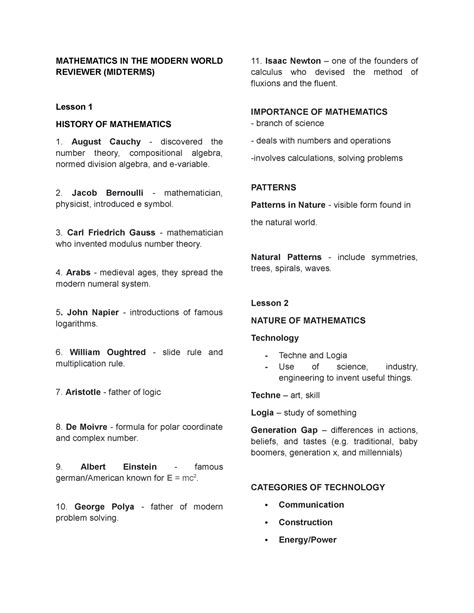 Mathematics IN THE World Reviewer - MATHEMATICS IN THE MODERN WORLD REVIEWER (MIDTERMS) Lesson 1 ...