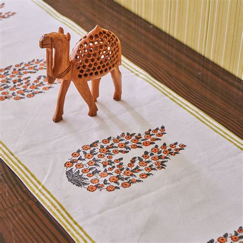 Canvas Table Runner Orange Grey Floral Boota Block Print