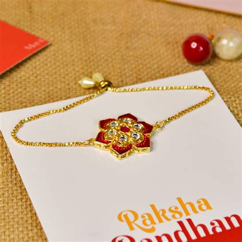 Buy Red Floral Pearl & Stone Bracelet Rakhi Hamper With Chocolates ...