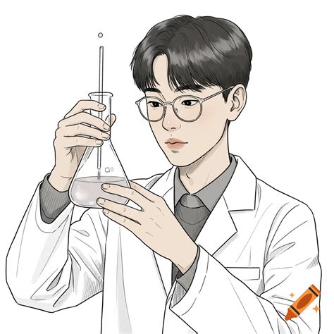Outline drawing of a young scientist in a lab coat holding an ...