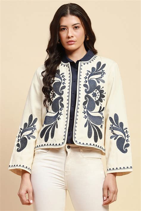 Cream & Blue Cotton Loose Fit Shrug – Global Republic