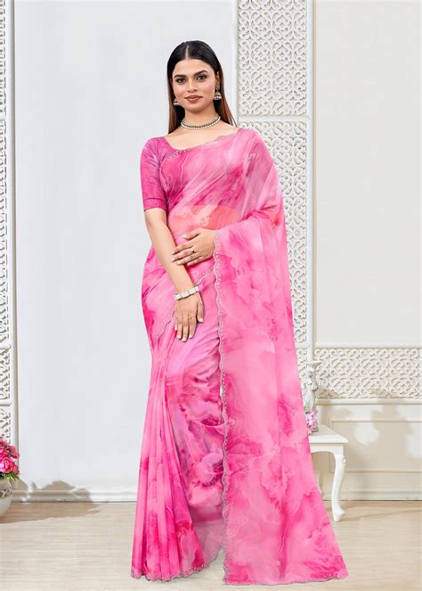 Abstract Printed Pink Fine Organza Saree with Luxe Stone Embellished C ...