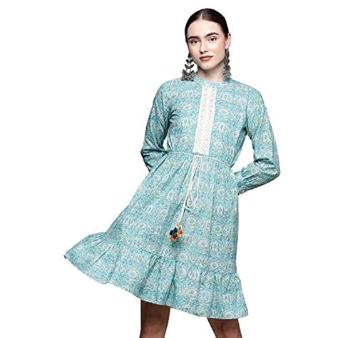 Buy ishin Women's Cotton Blue Embellished A-Line Dress at Amazon.in