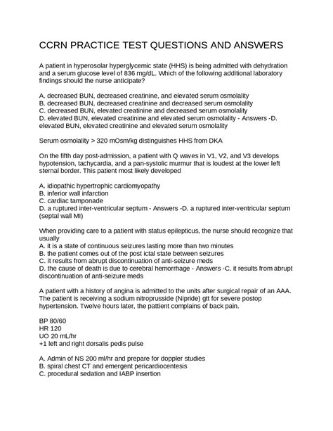 CCRN PRACTICE TEST QUESTIONS AND ANSWERS | Exams Nursing | Docsity