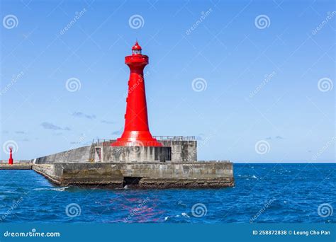 Red Lighthouse Over Concrete Pier in Hualien Harbor of Taiwan Stock Photo - Image of light ...