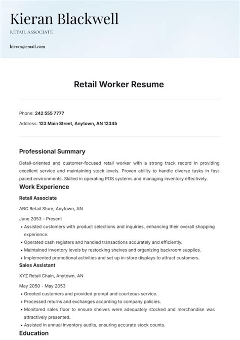 Free Retail Worker Resume Template to Edit Online
