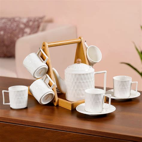 Teardrop Textured Ceramic Tea Set For 6 With Stand Online - Premium Tea ...