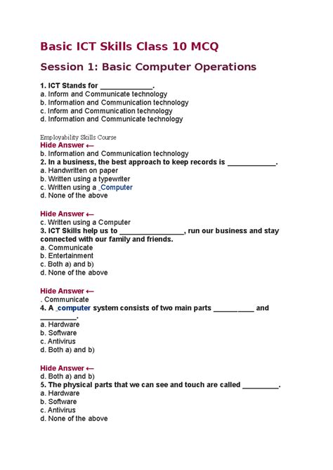 Basic ICT Skills Class 10 MCQ: Computer Operations & Maintenance - Studocu