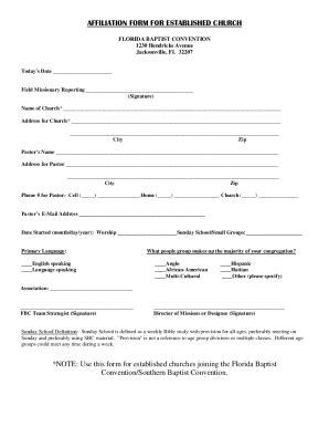 Fillable Online o b5z AFFILIATION FORM FOR ESTABLISHED CHURCH Fax Email ...