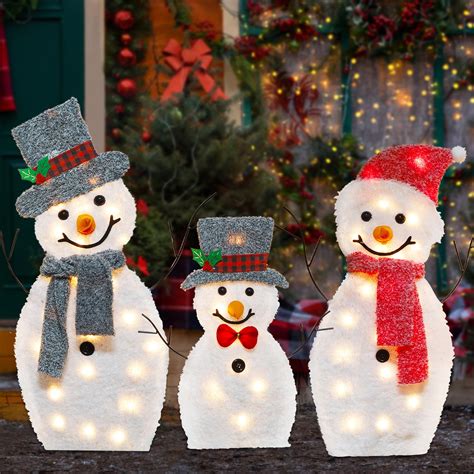 Joliyoou Christmas Yard Decoration, Set of 3 Pre-lit Snowmen with 60 ...