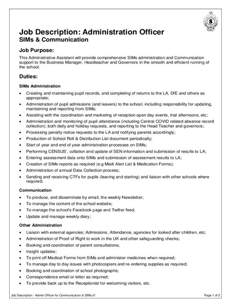 Fillable Online SIMs and School Data Manager Job Purpose: Responsible ...