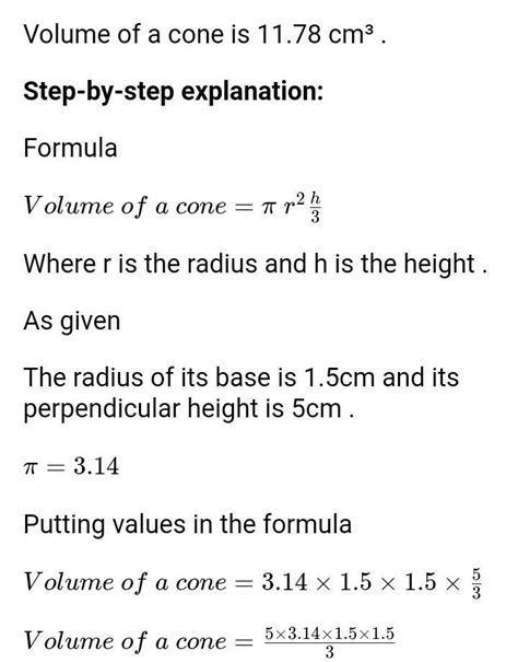 find the volume of a cone if the radius of its base is 1.5cm and its ...