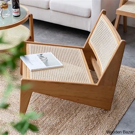 Walnut Rattan and Wood Lounge Chair Accent Chair for Living Room ...
