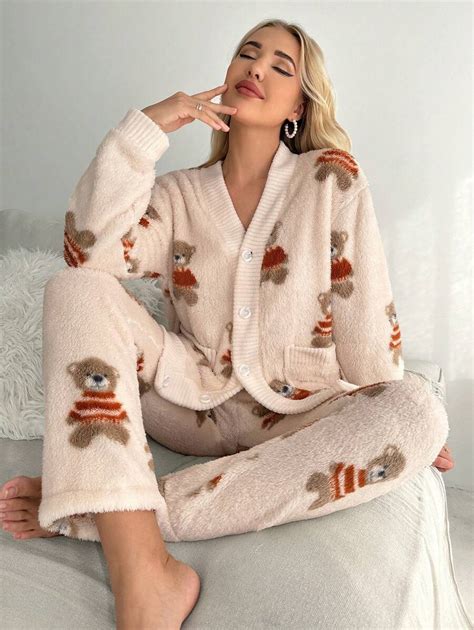 Bear Pattern Drop Shoulder Flannel PJ Set / Pajama Set | SHEIN USA