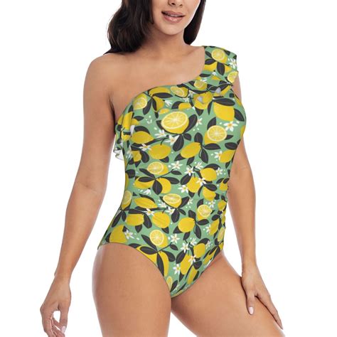 One Piece Swim Suits for Women 2024 - Cute Lemon Black Leaves Flowers ...