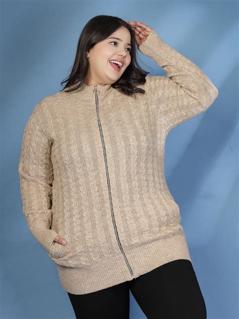 Plus Size Women Self Design Mock Collar Full Sleeves Front Open Sweate