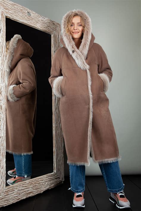 Fur Lined Hooded Beige Toscana Sheepskin Coat | Handmade by NordFur