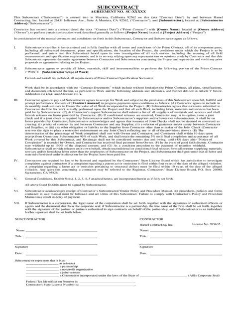 Fillable Online Subcontract Agreement Form: Definition & Sample ...