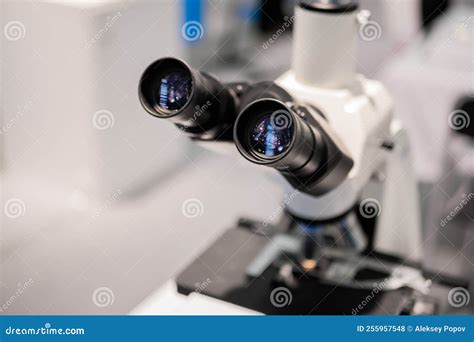 Ocular Lens, Eyepieces of White Optical Microscope - Close Up Stock ...